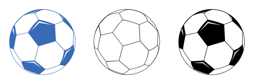 Soccer ball icon set. Football sign.  Soccer Symbol.  Set of Soccer Balls or Football Ball in Black, Blue and Outline Design