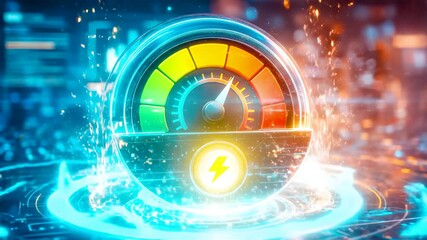 High Tech Energy Gauge with Green Optimal Needle and Lightning Power Button Above Neon Platform Showing Digital Efficiency Monitoring - Powered by Adobe