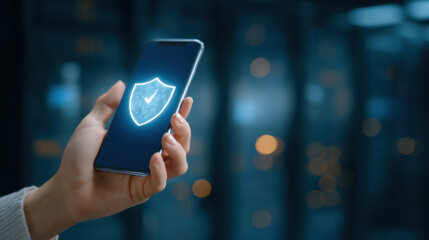 Secure smartphone held by hand displaying digital shield icon with checkmark, conveying mobile security and privacy protection