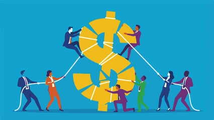 Business team collaborating to reassemble a broken dollar sign, symbolizing economic recovery