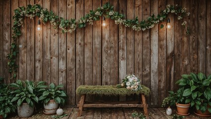 A rustic wooden background with string lights, green plants, and a small moss-covered bench with a bouquet, perfect for outdoor decoration or events.