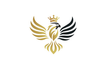 Obraz premium Elegant crowned eagle logo design in majestic gold and dark tones, symbolizing power, luxury, and prestige, perfect for sophisticated branding and corporate identity