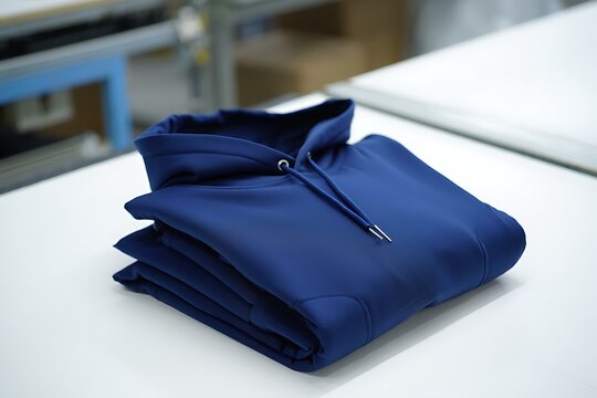 Folded blue sweatshirt on white surface