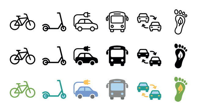 Eco-friendly transportation icon set with bicycle, electric scooter, EV car, bus, car sharing, and carbon footprint symbols in three different styles: outline, solid, and color
