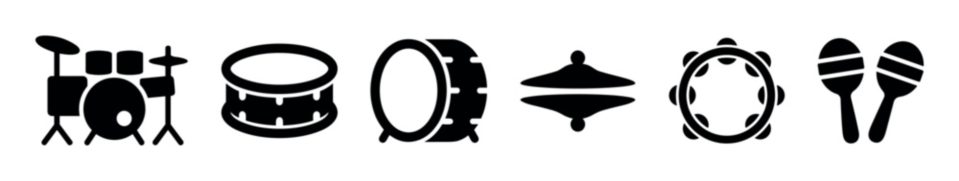 Set of black musical percussion instrument icons featuring a drum kit, snare, bass drum, cymbal, tambourine, and maracas in a simple glyph style