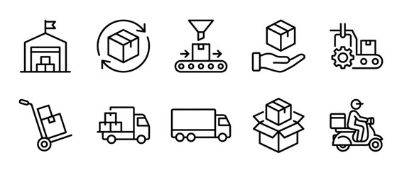 Set of black line icons for logistics and delivery services showing warehouse, truck, scooter, and package handling