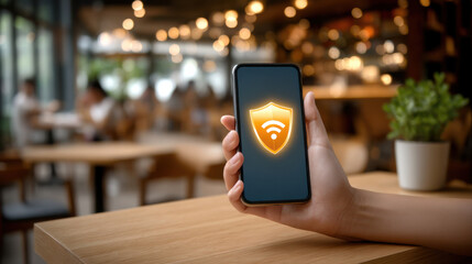 Hand holding smartphone with wifi security shield icon glowing screen cafe environment, modern cozy interior lighting