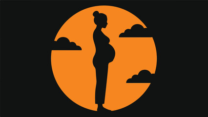 Pregnant woman silhouette against an orange circle with clouds