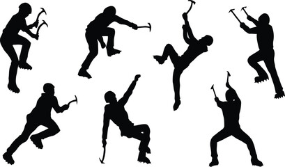 rock climber, silhouette, sport, activity, adventure, mountain, climbing, ice axe, extreme sport, outdoor, vector, illustration, people, person, climber, rock, isolated, transparent, background, black