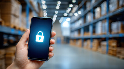 Locked smartphone held in warehouse aisle showing secure data icon and isolated blue glow