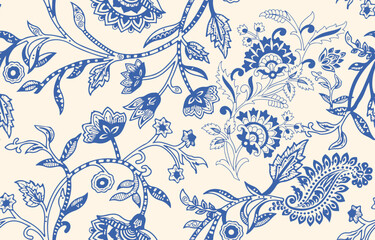 floral pattern vintage ethnic modern embroidery texture boho design vector illustration hand drawn pink flower motif branches leaves wallpaper seamless background border. © Thitichot