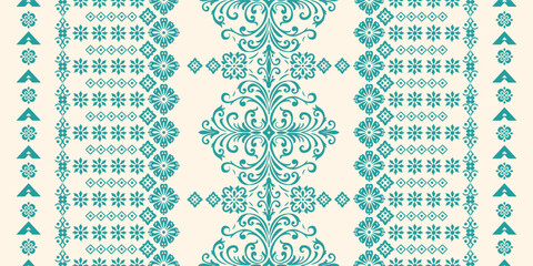 floral pattern vintage ethnic modern embroidery texture boho design vector illustration hand drawn pink flower motif branches leaves wallpaper seamless background border. © Thitichot