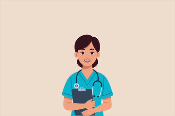 Female nurse or doctor illustration holding clipboard, medical uniform with stethoscope, healthcare worker avatar, flat design style, hospital and medical service concept. Vector illustration.