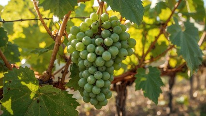 Green grapes hanging from vine surrounded by green leaves, ripening for harvest. Agricultural produce, vineyard, fruit farming, nature setting. Concept of viticulture and fresh fruit.