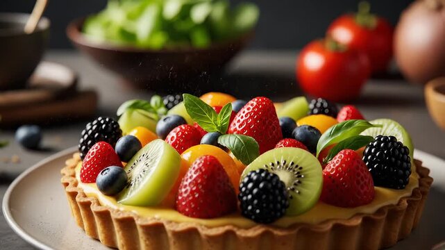 Delicious fruit tart close up with berries kiwi and mint on a plate