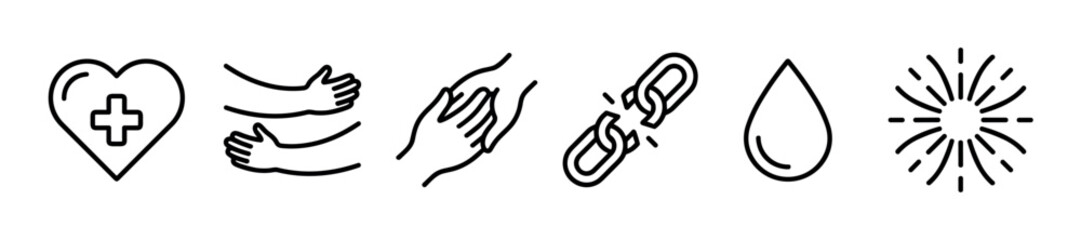 Obraz premium Set of black outline icons representing concepts of charity, support, freedom, and hope, including a heart, hands, broken chain, drop, and spark