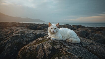 White cat resting on rocks by the ocean at sunset. Coastal landscape with a calm sea and mountainous background. Tranquil and natural scene.