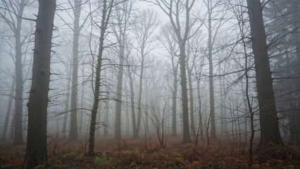 Dense forest with tall trees shrouded in fog, creating a mysterious and tranquil atmosphere.