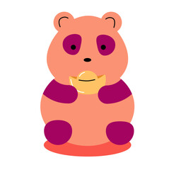 Tea pet vector illustration. Cute panda holding a golden ingot. Tea ceremony tradition element. Good luck symbol.
