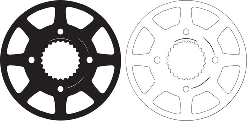 Black and white sprocket gear wheel icons, motorbike chain sprockets