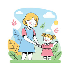 A mother and daughter holding hands in a serene outdoor setting with lush greenery and vibrant leaves