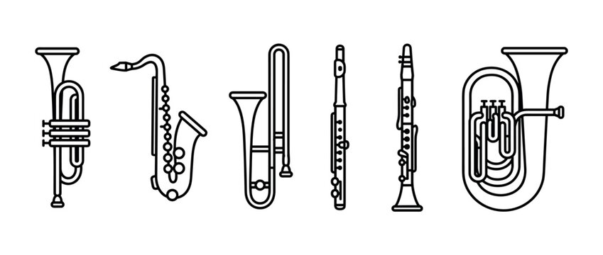 Collection of wind musical instruments illustrated in a minimalist black outline style, featuring a saxophone, tuba, flute, and trombone