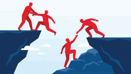 Teamwork and support concept with people helping each other across cliffs