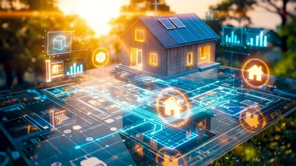 Smart Eco Home Holographic Model with Solar Panels on Blueprint Platform at Sunset Showing Sustainable Architecture and Digital Design - Powered by Adobe