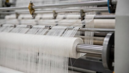 Closeup medium shot of fine cotton fibers being spun into delicate smooth yarn on automated spinning machines.