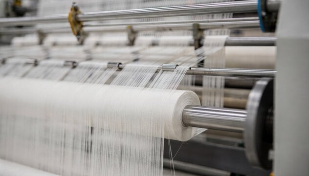 Closeup medium shot of fine cotton fibers being spun into delicate smooth yarn on automated spinning machines.