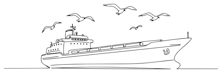 Obraz premium One line art vector illustration of a large cargo ship sailing with seagulls