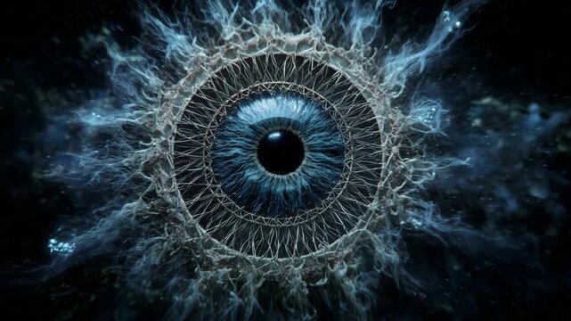4K Abstract blue eye with intricate organic structures and ethereal cosmic energy on dark background video