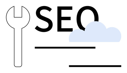 Wrench, cloud, and textual elements represent creative synergy and tools for search engine optimization. Ideal for digital marketing, website improvement, analytics, content strategy, branding