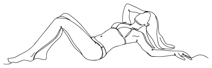 Continuous line drawing of a woman in bikini lying down and relaxing © Katarzyna