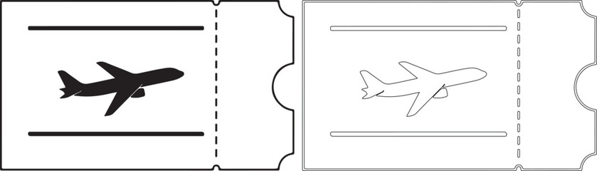 Airplane silhouette and line art on ticket templates for travel design