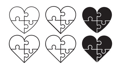 Minimal Black Puzzle Heart Icon Pack. Love and Emotional Healing. Vector illustration eps 10