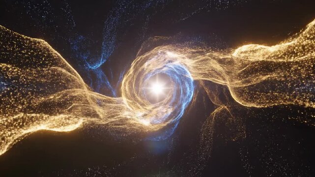 Abstract motion graphic of massive, flowing streams of blue and gold light slowly converging and perfectly balancing at a central luminous white point abstract, serenity, whitepoint