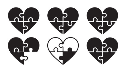Puzzle Heart Icon Set. in Black Love, Relationship and Connection Symbols. Vector illustration eps 10