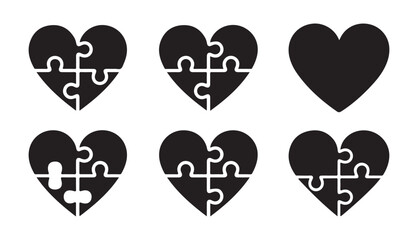 Minimal Black Puzzle Heart Icon Pack. Love and Emotional Healing. Vector illustration eps 10