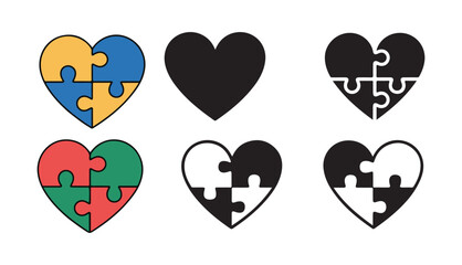 Puzzle Heart Icon set. Multiple Colors, Love, Teamwork and Harmony. Vector illustration eps 10