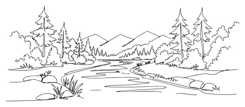 Continuous one line drawing of a mountain landscape with a river and forest