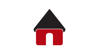 Stylized red and black house icon illustration, symbolizing a modern home, residential real estate, or housing agency for property listing platforms and applications.
