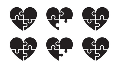 Puzzle Heart Icon Set. in Black Love, Relationship and Connection Symbols. Vector illustration eps 10