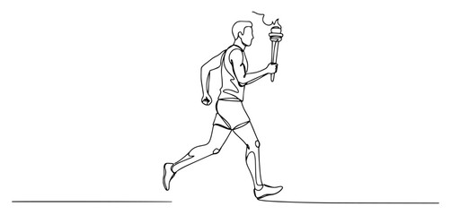 Continuous line drawing of a male runner carrying a burning torch