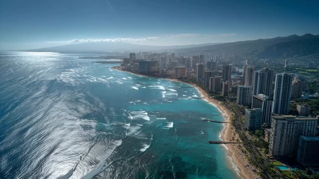4K Aerial panorama of waikiki beach and honolulu, hawaii, showcasing the vibrant cityscape, sandy shores, turquoise pacific ocean, and lush mountains under a clear blue sky video