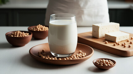 Organic Soy Milk in Glass with Natural Soybean Products