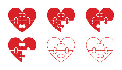 Abstract Red Puzzle Heart vector set. ove and Emotional Bond Concept. Vector illustration eps 10