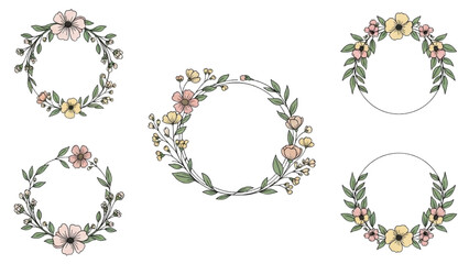 Obraz premium Collection of floral wreaths with leaves and flowers arranged in circular frames on a white background