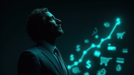 A business professional stands in a dark office, focusing on a digital chart showing growth. The atmosphere is serious as he analyzes data and trends