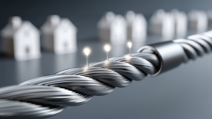 3d rendering of an electric cable with houses on it, connected to a charging station. the background is blurred and has several small white glowing arrows pointing towards one hous